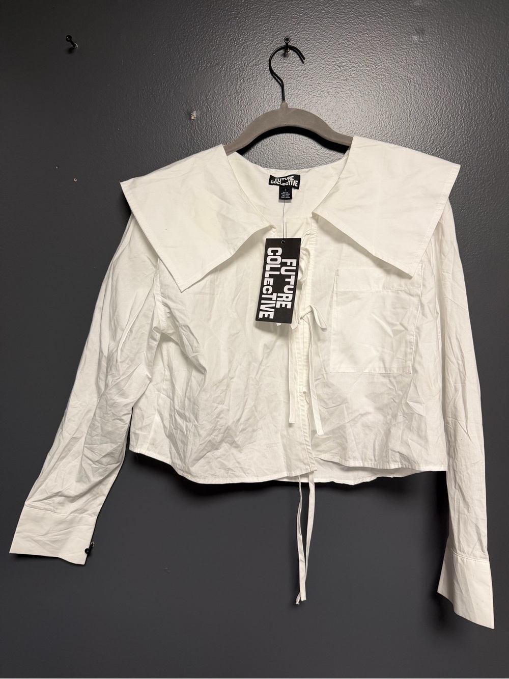 Future Collective White Crop Blouse Oversized Sailor Collar Size Medium